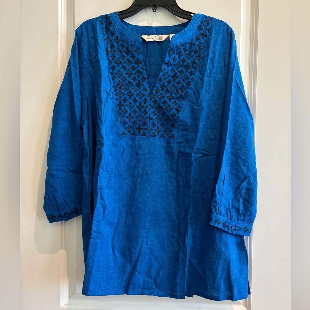 Boho Embroidered Blue Tunic Top NWT Large Peasant Blouse